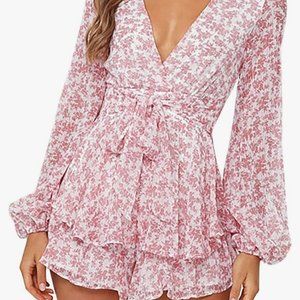 AIMCOO Women's Long Bubble Sleeve Floral Print V-Neck Romper